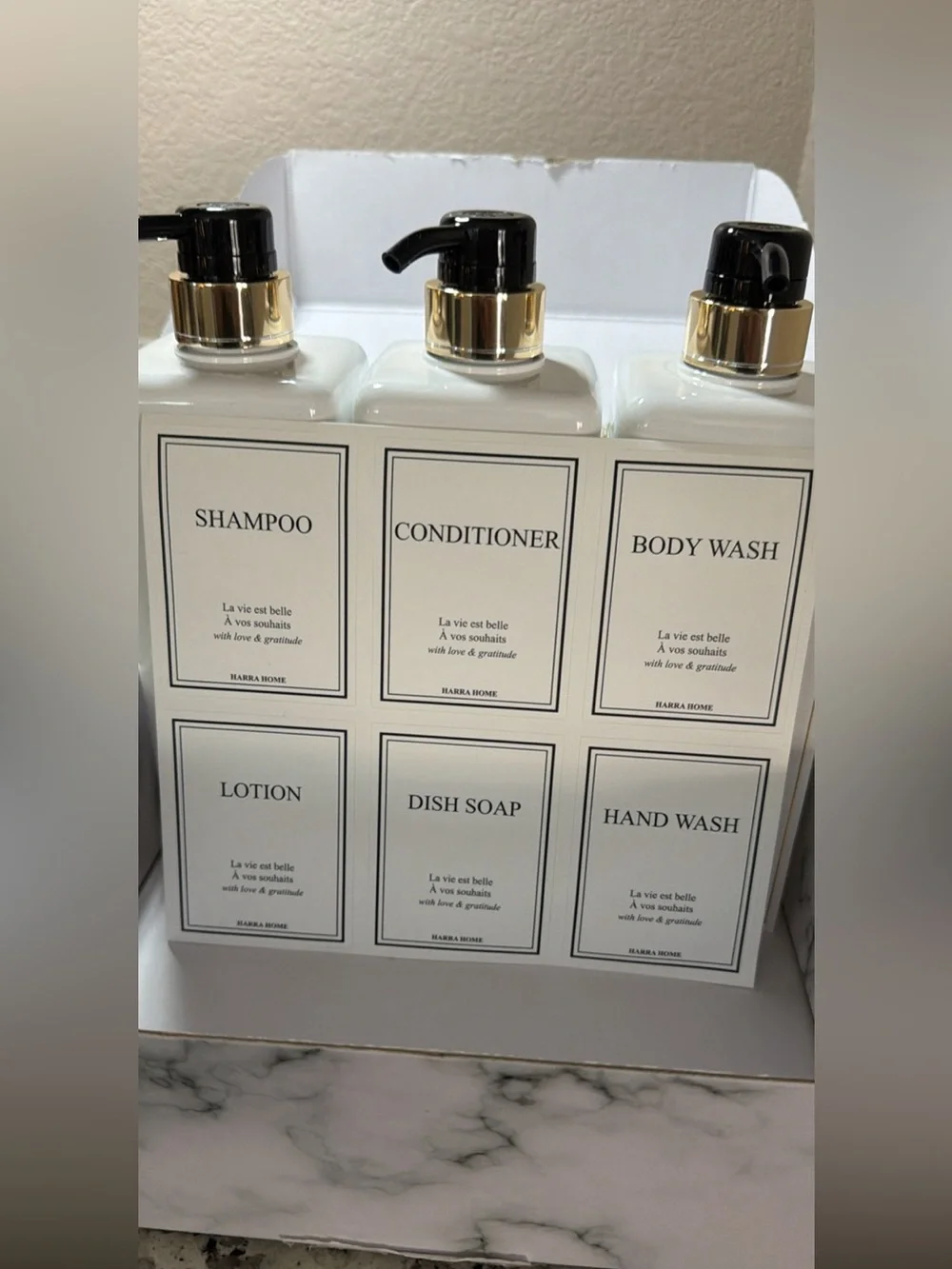 NIB Soap/Lotion Plastic Dispenser Set w/labels- White with Black & Gold Accents